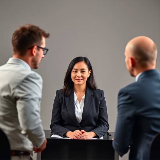 Een kandidaat die een panel interview aflegt met drie interviewers.
