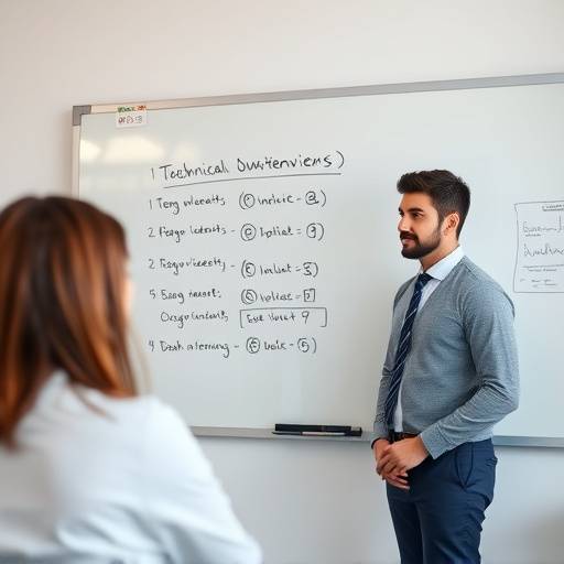 Een kandidaat die een technische vraag beantwoordt op een whiteboard tijdens een mock interview.