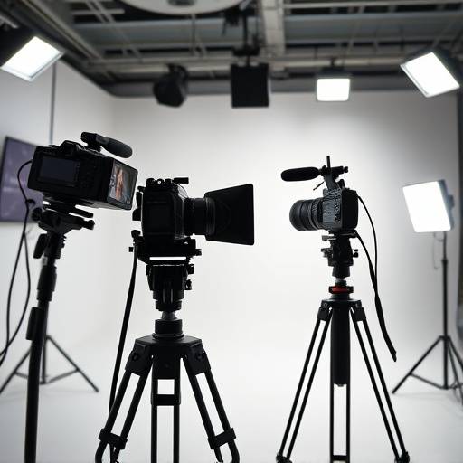 Een realistische mock interview setting met camera's en verlichting.